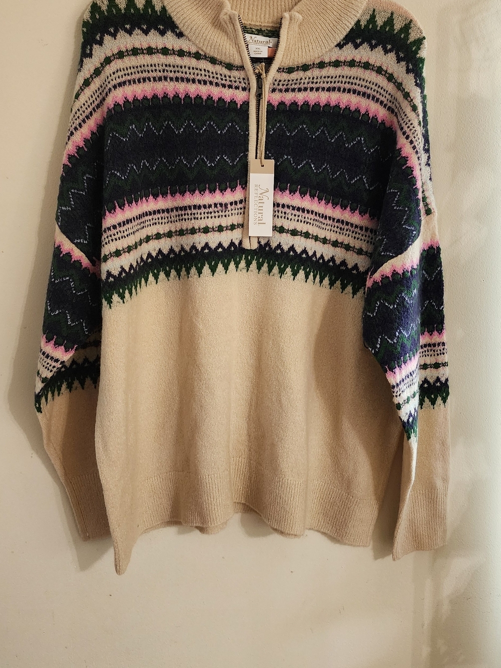 Natural Reflections Cream Fair Isle Half-Zip Sweater with Navy, Green & Pink